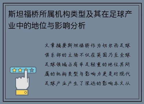 斯坦福桥所属机构类型及其在足球产业中的地位与影响分析